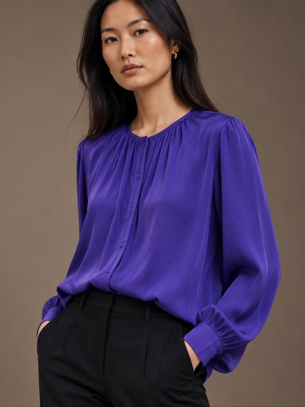 HUGO BOSS Indigo Blue Violet Ruched Neck Stretch SILK Crepe De Chine Blouse 4